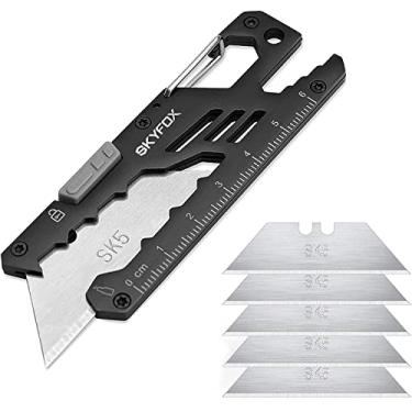 Imagem de Canivete utilitário EDC, 7 em 1 Multiferramenta Crbiner Clip Keychin, Box Cutter Pocket Knives com Bottle Opener, djustble Wrench nd 5 Replcement Rzor Bs, Ruler for Office, Cmping by SkyFox