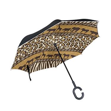 Imagem de Guarda-chuva invertido de camada dupla ALAZA para carros, guarda-chuva invertido, animais africanos, listras tribais, à prova de vento, UV, para viagens, ao ar livre