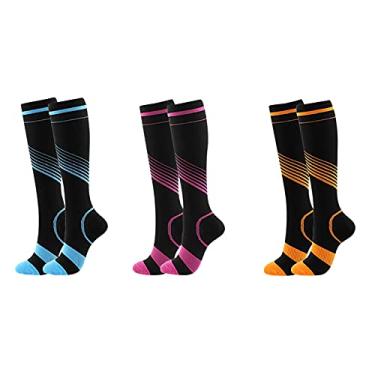 Imagem de Meias de compressão femininas meias de compressão de tiras coloridas masculinas e femininas meias elásticas até o joelho meias cano alto, Azul, rosa, laranja, P