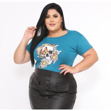 Imagem de T Shirt Feminina Plus Size Caveira Flores - Estilo Único