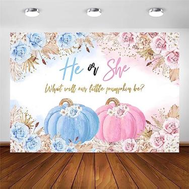 Imagem de Avezano Abóbora revelação de gênero tema outono tema de outono ele ou ela bebê revelação de gênero decorações de festa boho azul ou rosa floral festa fotografia banner de fundo (2 x 1,5 m)