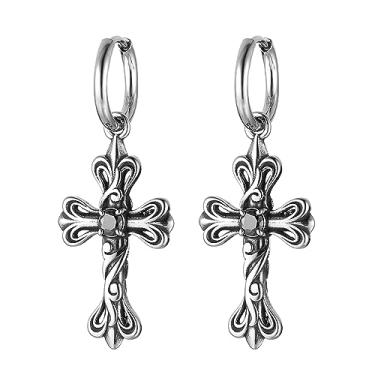 Imagem de HZMAN Brinco retrô com pingente de cruz para homens e mulheres, aço inoxidável, gótico, punk, rosa, cruz, festa, casamento, argola de pressão, Aço inoxidável, Zircônia cúbica