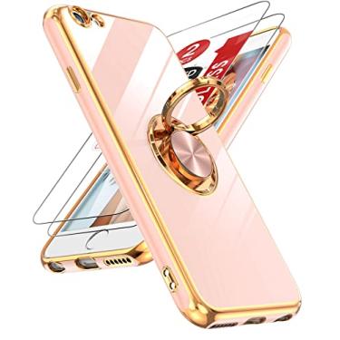 Imagem de LeYi Capa para iPhone 6/iPhone 6s com protetor de tela de vidro temperado [2 unidades] suporte de anel giratório de 360°, suporte magnético, capa protetora de borda de ouro rosa, rosa