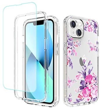 Imagem de sidande Capa para iPhone 14 com protetor de tela de vidro temperado, capa protetora fina de TPU floral transparente para Apple iPhone 14 de 6,1 polegadas (flor rosa)