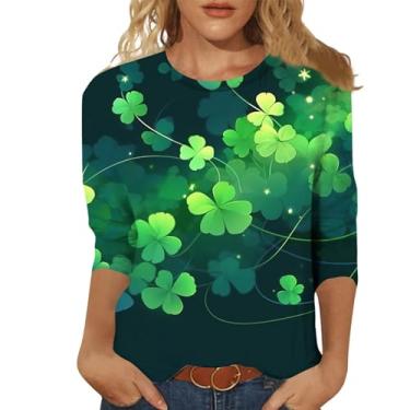 Imagem de Camiseta St Patty's Day manga 3/4 gola redonda verde trevo irlandês confortável macio praia casual camiseta gráfica, 03 - Amarelo, GG