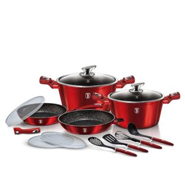 Imagem de Jogo Panelas e Utensílios Antiaderente com Tripla Camada de Mármore 13 peças Burgundy Berlinger Haus