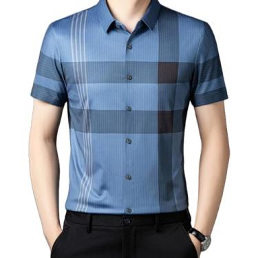 Imagem de Camisa social masculina - blusa casual listrada de seda, Azul-celeste, XXG