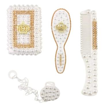 Imagem de KIT HIGIENE PARA BEBÊ ESCOVA PENTE SABONETEIRA DE LUXO DECORADO COM PÉROLA (Branco)
