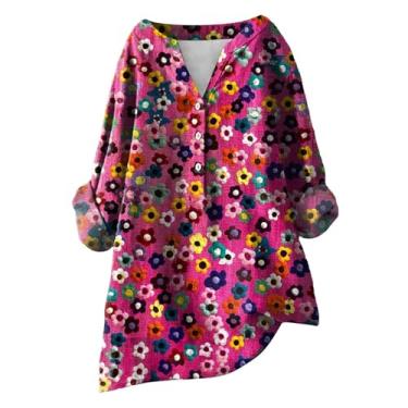 Imagem de Camisetas femininas de verão com estampa floral de linho, manga comprida, gola V, botões grandes, camisetas casuais para sair, Rosa choque, 3G