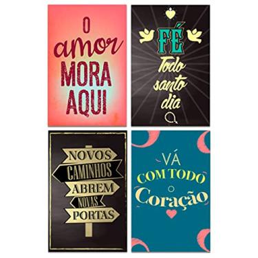 Imagem de Kit 4 Placas Decorativas Com Frases Fé Amor Mdf 20x30 cm