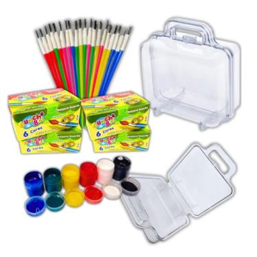Imagem de 20 Maletinha Acrilica Cristal + 20 Cx de Tinta Guache + 20 Pinceis Kit Pintura Infantil Menina Menino Presente Para Criança Desenhar Pintar