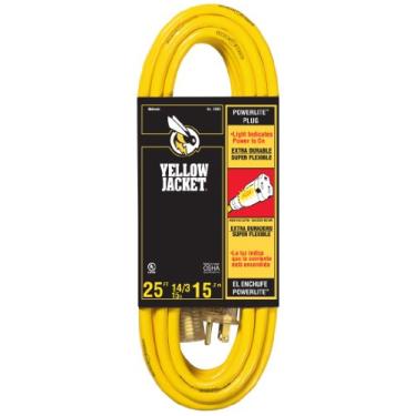 Imagem de Yellow Jacket Cabo de extensão 2886 com certificação UL 14/3 15 Amp Premium SJTW 7,62 m com extremidade de receptáculo iluminada aterrada (3 pinos), 7,62 m, amarelo