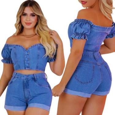 Imagem de Conjunto Jeaans Feminino Short Barra Dobrada Cropped Casual Cintura Al