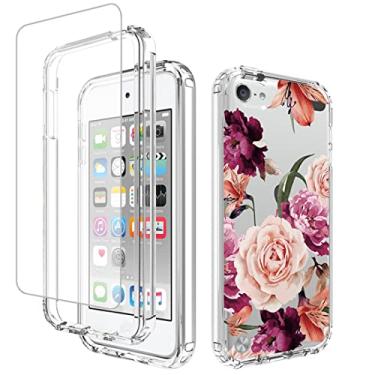Imagem de Yerebel Capa para iPod Touch 6/Touch 5/Touch 7 com protetor de tela de vidro temperado, design floral à prova de choque, capa protetora de corpo inteiro para iPod Touch 7 (flor roxa)
