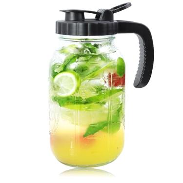 Imagem de Jarro Mason Jars de vidro de 1 litro para leite materno com tampa para geladeira Jarros de água de 946 ml com tampa superior flip e bico para café frio, chá de sol, armazenamento hermético de suco e à