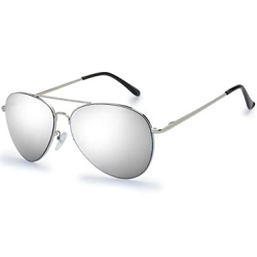 Imagem de The Fresh Óculos de sol aviador clássico armação de metal com lente espelhada com caixa de presente, Prata 36 (haste de mola), 60 mm