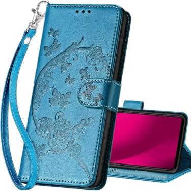 Imagem de SASYMALY Capa carteira T-Mobile Revvl 7 Pro 5G, capa flip com suporte para mulheres e homens, capa de telefone de couro PU adequada para T-Mobile Revvl 7 Pro 5G [azul-flor]