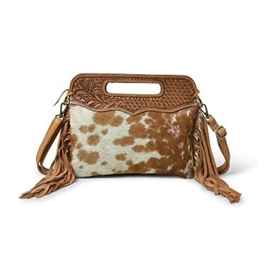 Imagem de Bolsa tiracolo feminina de couro natural com franjas de camurça ocidental com alça ajustável | Bolsa de couro | Bolsa | Bolsa lateral, Marrom e branco