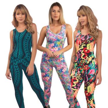 Imagem de Kit 5 Macacões Sem Bojo Fitness Vekyo Modas Longo Suplex Estampado Dec