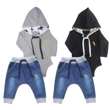 Imagem de Kit 4 Peças Conjunto Roupa Bebê Body com Capuz e Calça Jeans - Patrulh