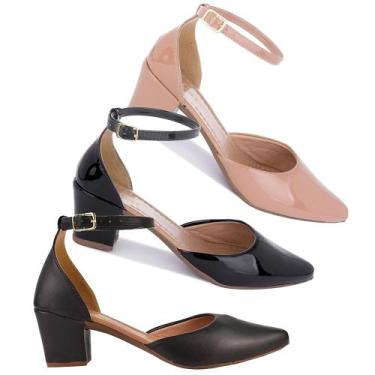 Imagem de Kit 03 pares de sapatos scarpin feminino  bico fino salto grosso quadr