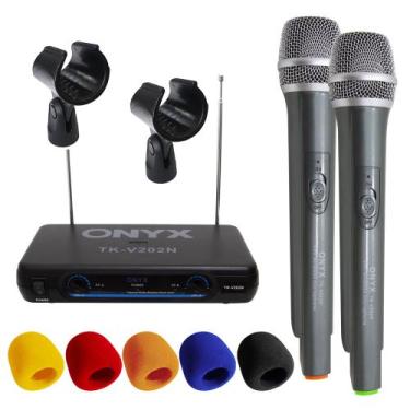 Imagem de Kit Microfone sem Fio Duplo TK V202N VHF com 2 Suportes B18A e Espuma 