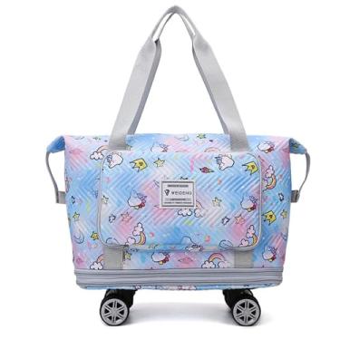 Imagem de Radefasun Sacolas de viagem com manga de carrinho expansível extra impermeável arco-íris Oxford bolsa esportiva com rodas, Azul arco-íris, Small, Central Hardside Mala expansível com rodas giratórias