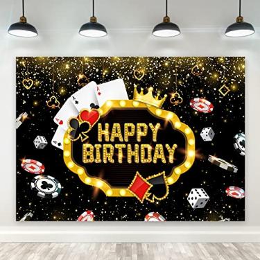 Imagem de Riyidecor Casino Happy Birthday Backdrop Las Vegas Night Theme Poker Cards Dice 7Wx5H Feet Polyester Fabric Golden Glitter Dots Photography Background Party Table Decor Banner Studio Photo Shoot