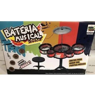 Imagem de Mini Bateria Musical Infantil Tambor Baquetas Jazz Drum Com Banquinho.