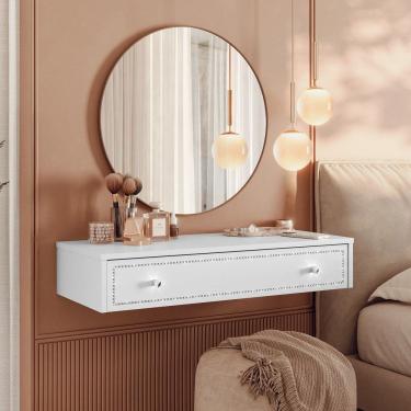 Imagem de Penteadeira Suspensa Strass Gaveta C/ Divisória e Organizador Maquiagem 80cm Branco Ac - Olivar Móveis