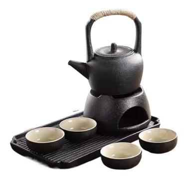 Imagem de Conjunto de chá de viagem de cerâmica. 1 panela, 4 xícaras, 1 bandeja de chá, 1 aquecedor de chá, conjunto de chá de Kung Fu chinês, 2 cores (preto)