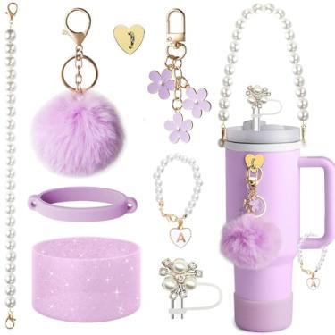 Imagem de Conjunto de acessórios de copo Stanley, bota de copo brilhante, alça de alça de garrafa de água de pérola branca e capa de palha de pérola, pingentes de chaveiro, decorações de copo para acessórios