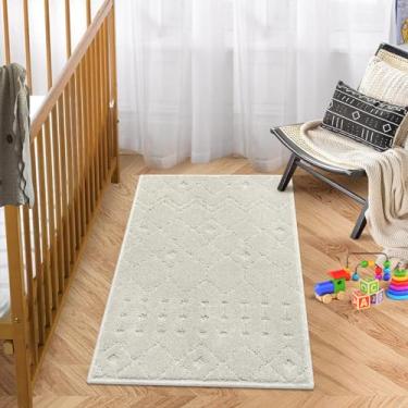 Imagem de LUXLOOM Tapete de porta de entrada interna 5 x 7 bege marroquino pequeno tapete felpudo de pelo alto e baixo tapete moderno geométrico antiderrapante para quarto tapete resistente a manchas tapete de