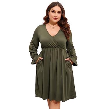 Imagem de ShopWonder Vestido plus size feminino, gola V, evasê, comprimento até o joelho, vestido rodado, plus size, minivestido de festa, Oliva, 3G