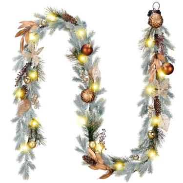 Imagem de Decorbyhannah Guirlanda de Natal com luzes, guirlanda de Natal de 2,7 m com ornamentos, pinha e borboleta, guirlanda de Natal operada por bateria interna para manto, escadas (ouro cobre)