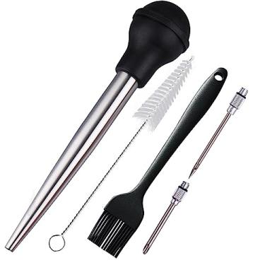 Imagem de zoyizi baster de peru, seringa de baster para cozinhar, baster de aço inoxidável com agulhas injetoras de marinada e escova para churrasco e escova de limpeza, lâmpada de silicone, conjunto