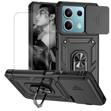 Imagem de Capa para Redmi Note 13 5G Capinha | com 2 peças de protetor de tela temperado com janela deslizante da câmera e suporte para telefone incluídos - Preto