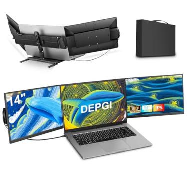 Imagem de DEPGI Extensor de tela de laptop de 14 polegadas, monitor triplo portátil de conexão de um cabo FHD 1200p para laptop, monitor de tela dupla para laptop de 13 a 17,3 polegadas com suporte para MacOS
