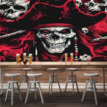 Imagem de Lcythiazole Mural de papel de parede personalizável de caveira com chapéu vermelho capitão pirata papel de parede grande para sala de jantar, sala de estar, quarto, autoadesivo removível