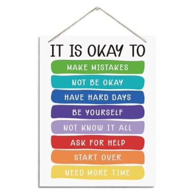 Imagem de It's OK to Make Mistakes - Placa de madeira rústica para pendurar, placa educativa para alívio da ansiedade, decoração de berçário e sala de jogos, cabide de porta de escritório de psicólogo