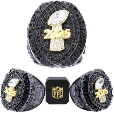Imagem de noblehead Anel Fantasy Football 2025 com caixa | Anel de campeonato FFL pesado | Troféu de prêmio banhado a ouro prateado para vencedor da liga de futebol de fantasia, size 8 with free FFL logo box),