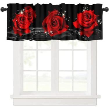 Imagem de ZhiRain Cortina floral rosa rosa vermelha flor preta céu estrelado haste bolso saia janela tratamentos cortinas curtas para cozinha sala de estar banheiro decoração 137 x 45 cm