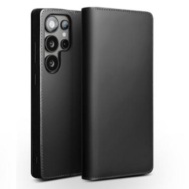 Imagem de HAO RIYLN Capa de couro genuíno para Samsung Galaxy S25 Ultra/S25 Plus/S25, capa de telefone com fecho magnético carteira com compartimentos para cartões, capa de proteção flip, preta, S25 Plus