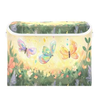 Imagem de senya Cestos de armazenamento grandes com pintura em aquarela de linho, flores, cubos de armazenamento dobráveis, organizadores de armário, caixa com tampa flip-top para casa, quarto, escritório, 42 x