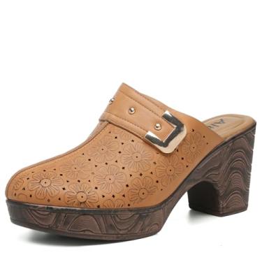 Imagem de Altxic Tamancos femininos vazados de salto grosso, confortáveis, sem cadarço, de grão de madeira, aberto nas costas, Marrom, 9.5-10