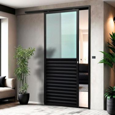 Imagem de Porta de Correr Suspensa 210cm X 80cm Meia Veneziana Meia Vidro Esq L.25 Brimak Preto