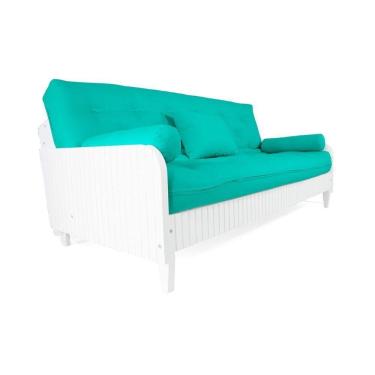 Imagem de Sofá Cama Paris Ripado Branco Sarja Azul Turquesa Madeira Nobre