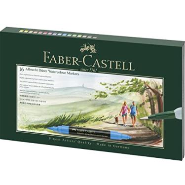 Imagem de Faber-Castell Marcador de aquarela Albrecht Dürer 160318 com ponta dupla para aplicação de tinta plana e precisa, inclui escova de tanque de água, pacote com 16, colorido