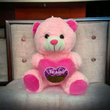 Imagem de Urso de Pelúcia com coração brinquedo 21cm/s - Toy King, Rosa 21 cm, S