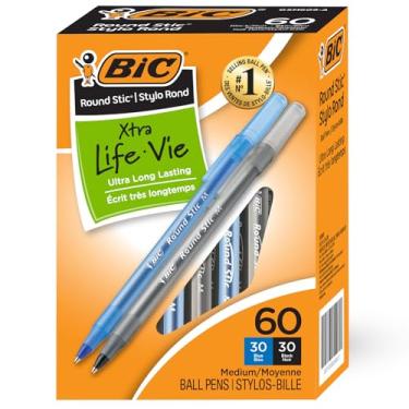 Imagem de BIC Canetas redondas Stic Xtra Life – Pacote com 60 canetas a granel – Ponta média 1,0 mm, pacote combo 30 pretas e 30 azuis